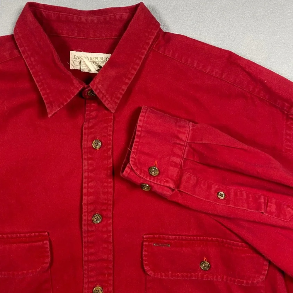 Vintage Banana Republic‎ Mens L Safari Travel Red Cotton Twill Button Down Shirt
